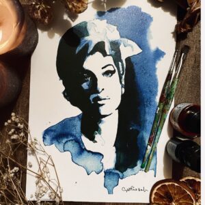 Portrait d’Amy Winehouse à l’encre bleue